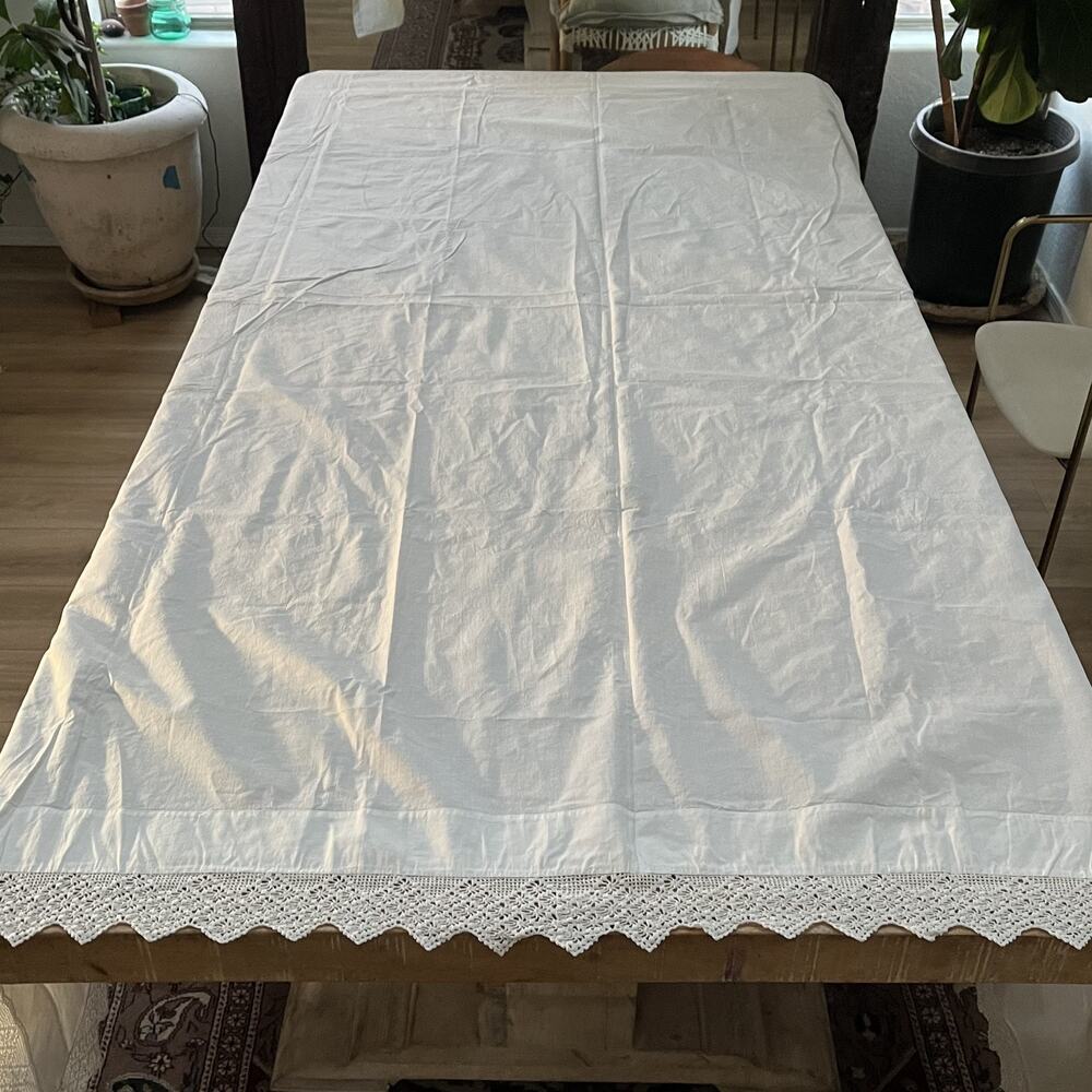 Vintage White Cotton Flat Sheet Hand Crochet Edge Cottage 88x78"